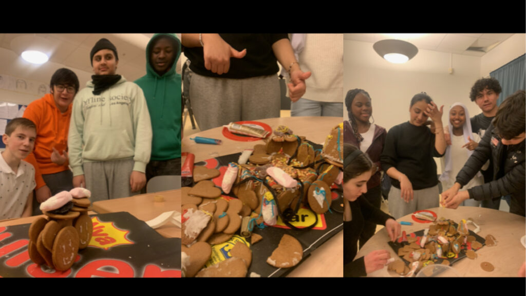 Tre bilder bredvid varandra med elever som står runt ett bord och försöker få pepparkakorna att hålla ihop