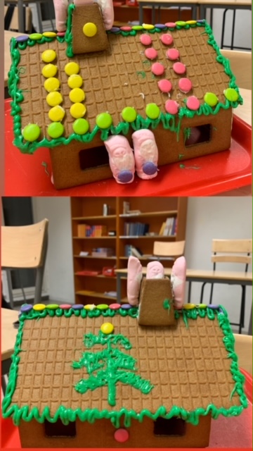 4. Skälltorpsskolan (Göteborg). Bilden föreställer ett pepparkakshus med grön glasyr runt kanterna på taket. Tre skumtomtar befinner sig vid skorstenen på taket och två stycken skumtomtar befinner sig nedanför hållandes i varsitt nonstop. På takets ena sida så finns det målat en gran med grön glasyr. På pepparkakstaket finns det även non-stop choklad i färgerna gult, grönt och rosa, samt ett fåtal i blått. 