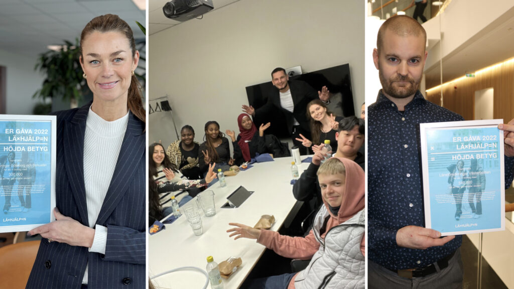 Tre bilder i rad bredvid varandra. På bilden i mitten syns ett gäng elever som sitter runt ett bord och tittar in i kameran under ett gruppbesök. På båda bilderna i kanterna syns olika personer i bild som håller i ett diplom och kollar in i kameran.